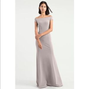 JENNY Yoo Collection Larson Bridesmaid Off-Shoulder Dress Gown Light Gray Sz 16